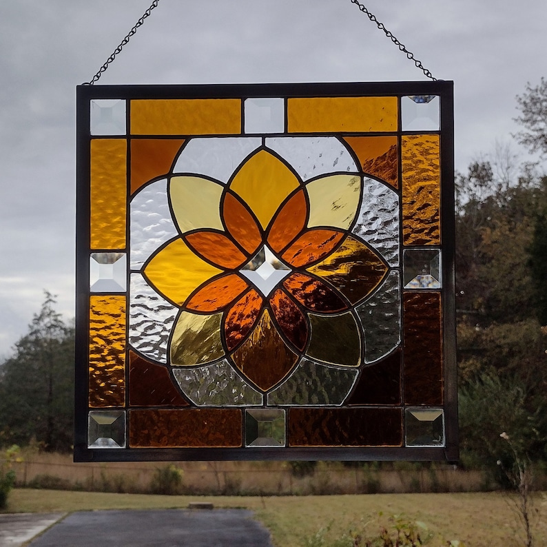 Shades of Amber Beveled Stained Glass Geometric Starburst Design Hanging Panel image 1