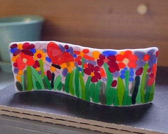 Bright Colored Flowers Fused Glass Wavy Art Panel