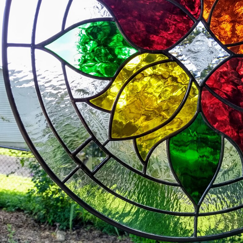 Round Stained Glass Red Orange Yellow Tulips Beveled Suncatcher Panel image 4