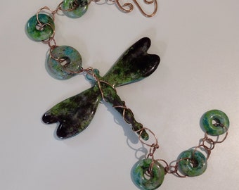 Blue green purple cast glass dangling dragonfly ornament glass beads copper wire