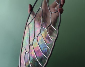 Large 15 inch Stained Glass Cicada Insect Wing Suncatcher Luminescent Rainbow