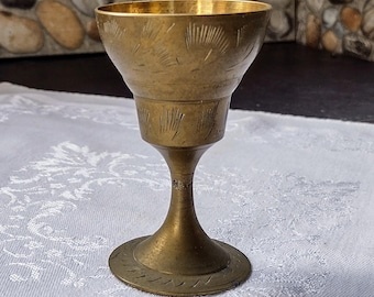 Vintage Small Etched Brass Goblet Made in India Lathed Metalwork