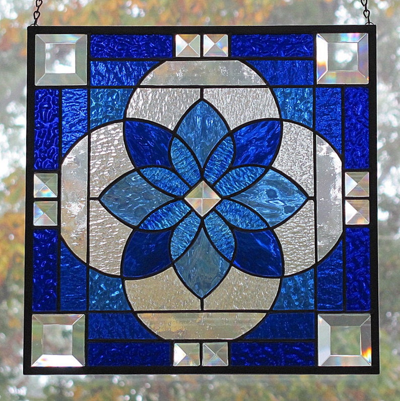 Stained Glass Panel Beveled Star Burst Shades of Blue Etsy