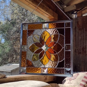 Shades of Amber Beveled Stained Glass Geometric Starburst Design Hanging Panel image 6