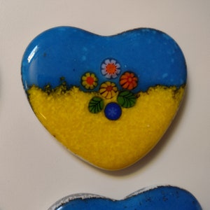 Yellow and Blue Fused Glass Hearts for Ukraine with flowers and leaves magnets Large #4