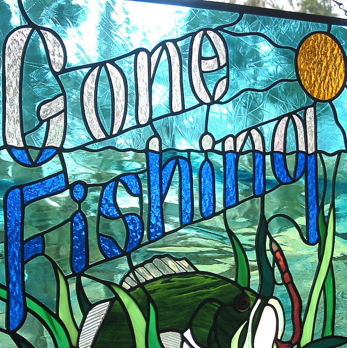Stained Glass Largemouth Bass Hanging Panel Gone Fishing Etsy