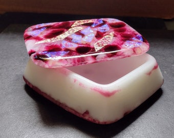 Raspberry Cranberry pink purple and White fused glass box with lid dichroic accents