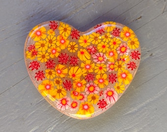 Red and yellow flowers fused glass heart shaped trinket ring dish