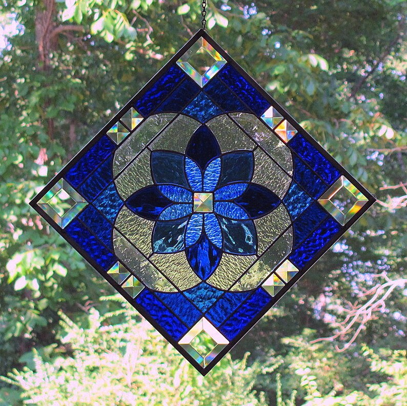 Stained Glass Panel Beveled Star Burst Shades of Blue Etsy