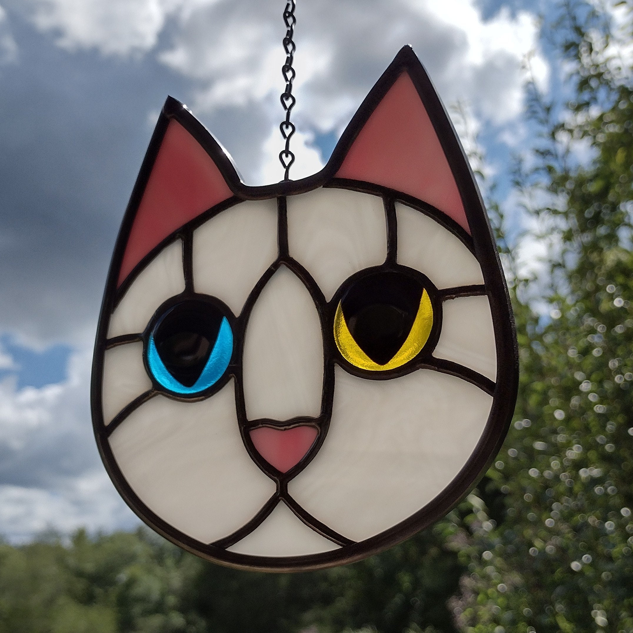 Stained Glass Cat Face White With Blue and Yellow Eyes Suncatcher - Etsy