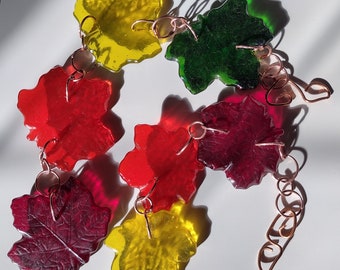 Multicolored fused glass maple leaves ornaments dangling art glass
