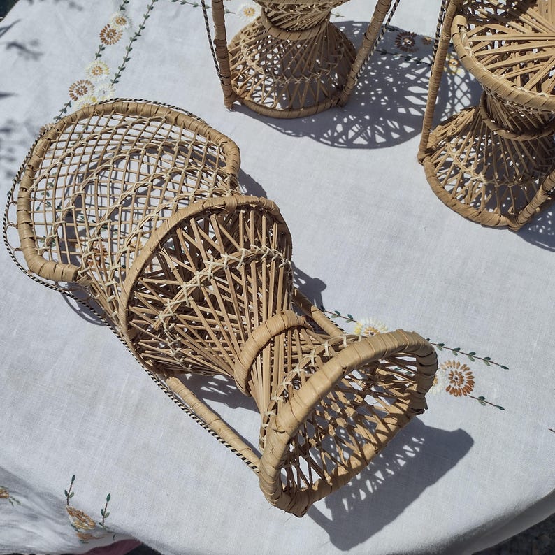 Vintage Wicker Peacock Fan Back Chairs 14 3/4 and 16 1/4 Doll Furniture Plant Stands