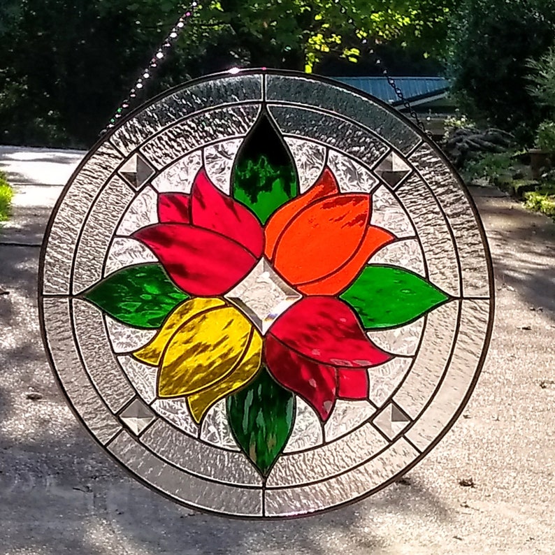 Round Stained Glass Red Orange Yellow Tulips Beveled Suncatcher Panel image 8