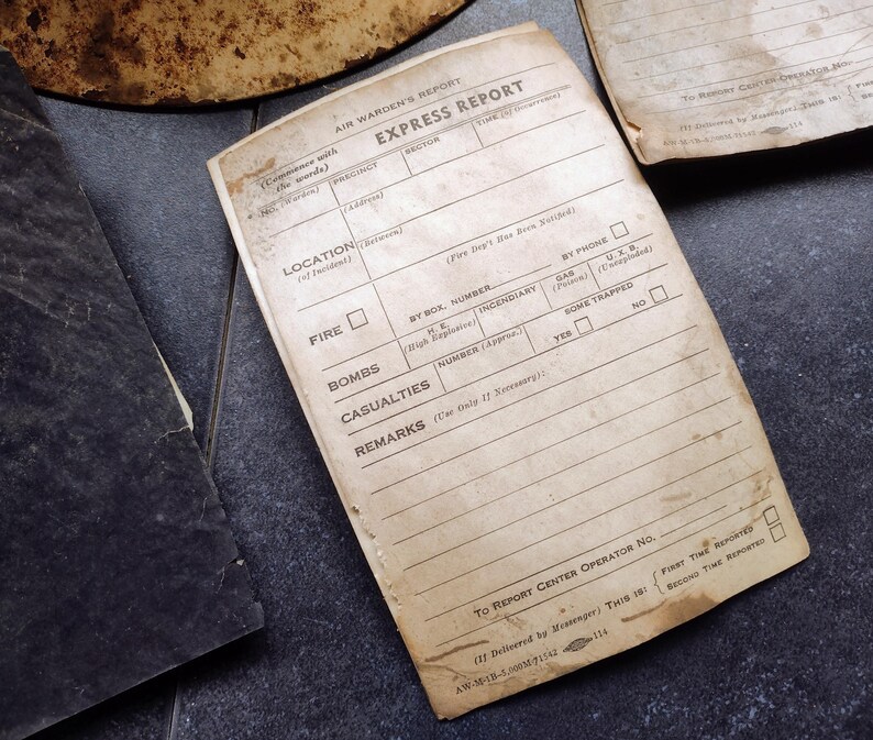WW2 Era US Civil Defense Steel Helmet with Air Warden Reporting Documents