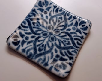 Deep metallic blue geometric design fused glass square sloped dish tray plate