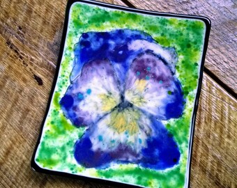Hand painted purple pansy violet on green fused glass decorative dish