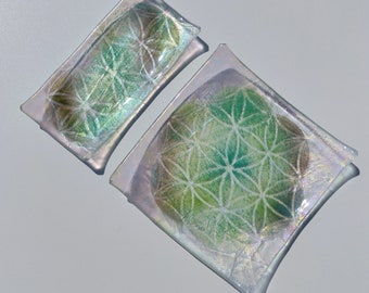 Set of Square and rectangle flower of life sacred geometry fused glass plate ring trinket dish