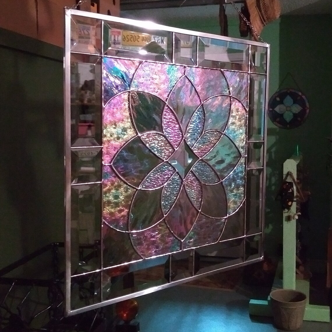 Clear Iridescent Beveled Stained Glass Geometric Starburst Etsy