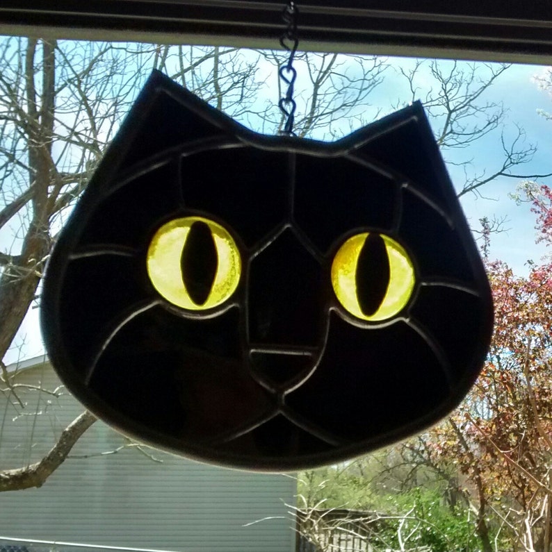 Stained Glass Black Cat Face Bright Yellow Eyes Suncatcher Etsy