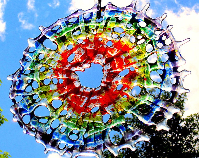 Round Rainbow Fused Glass Mandala Tie Dye Abstract Suncatcher Etsy