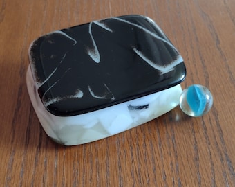 Black and Creamy White Fused Glass Box Base and Lid Treasure Keeper