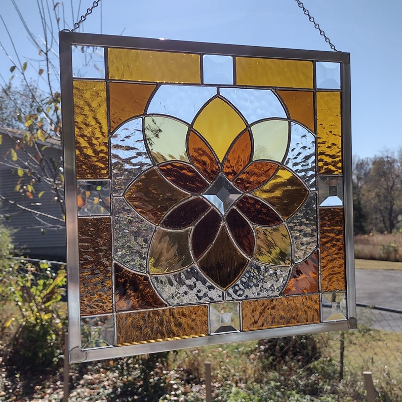 Shades of Amber Beveled Stained Glass Geometric Starburst Design Hanging Panel image 4