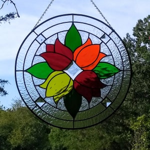 Round Stained Glass Red Orange Yellow Tulips Beveled Suncatcher Panel image 3