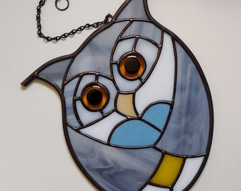 Grey owl stained glass suncatcher wings around the heart of Ukraine