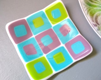 Aqua Green and Purple Squares Fused Glass Sloped Square Trinket Dish