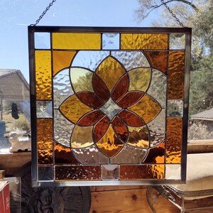 Shades of Amber Beveled Stained Glass Geometric Starburst Design Hanging Panel image 2