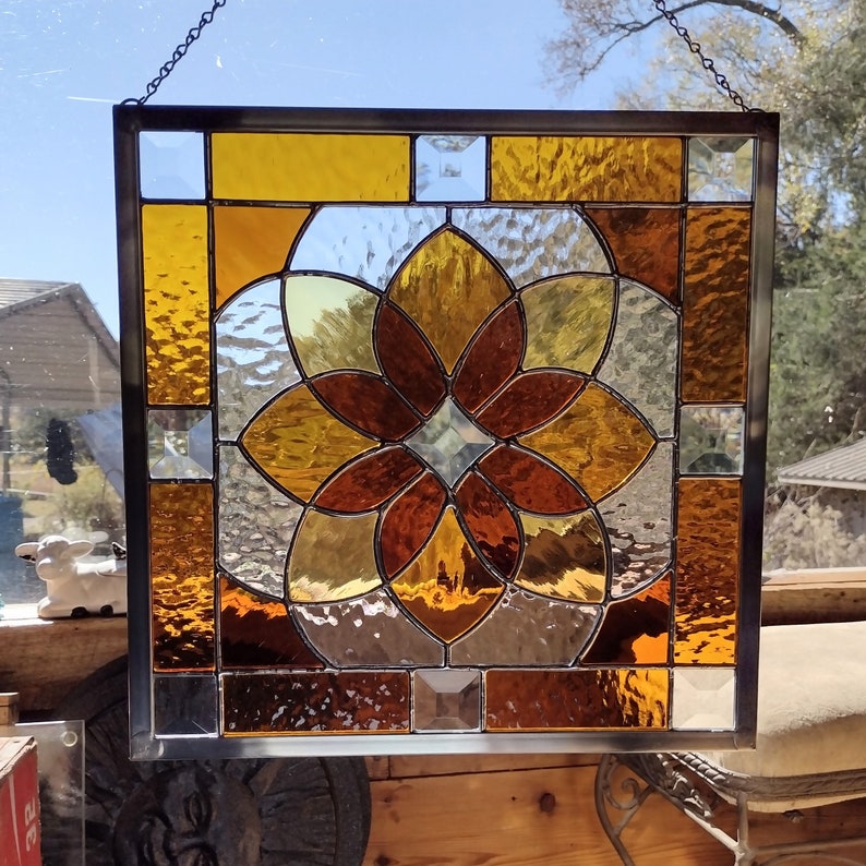 Shades of Amber Beveled Stained Glass Geometric Starburst Design Hanging Panel image 2