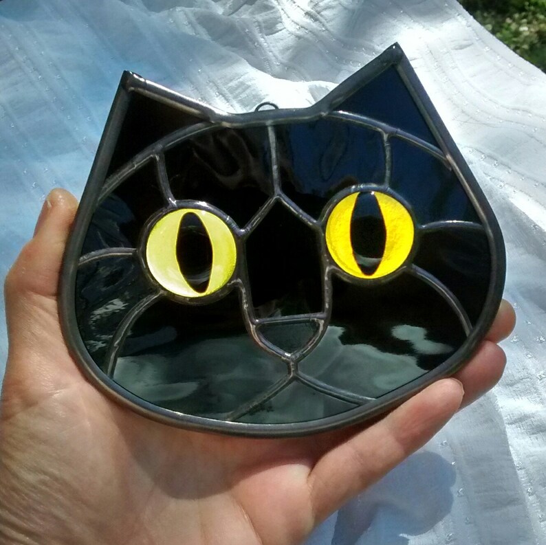 Stained Glass Black Cat Face Bright Yellow Eyes Suncatcher Etsy