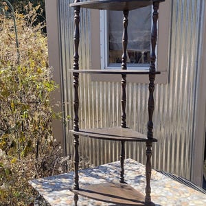 Vintage Dark Brown 4 Tier Wooden Corner Shelf MCM Furniture