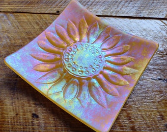 Golden amber luminescent sunflower motif square fused glass plate