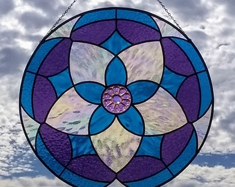 Stained Glass Five Pointed Star Mandala Suncatcher Aqua Blue Purple Clear iridescent