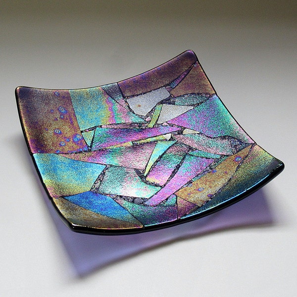 Luminescent Purple Patchwork Square Fused Glass Sloped Plate Dish