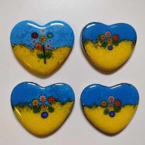 Yellow and Blue Fused Glass Hearts for Ukraine with flowers and leaves magnets image 1