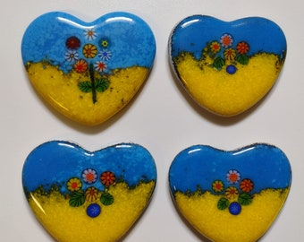 Yellow and Blue Fused Glass Hearts for Ukraine with flowers and leaves magnets