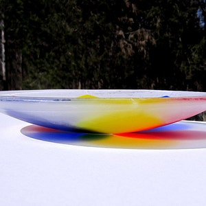 Pu&ograve; includere: Una ciotola di vetro trasparente con un design ampio e poco profondo. La ciotola presenta un gradiente di colori, che passa dal blu al giallo al rosso. La ciotola &egrave; su una superficie bianca, con uno sfondo sfocato di alberi.