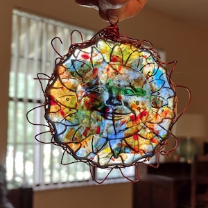 Multicolored fused glass sun sculpture paperweight salvaged copper wire