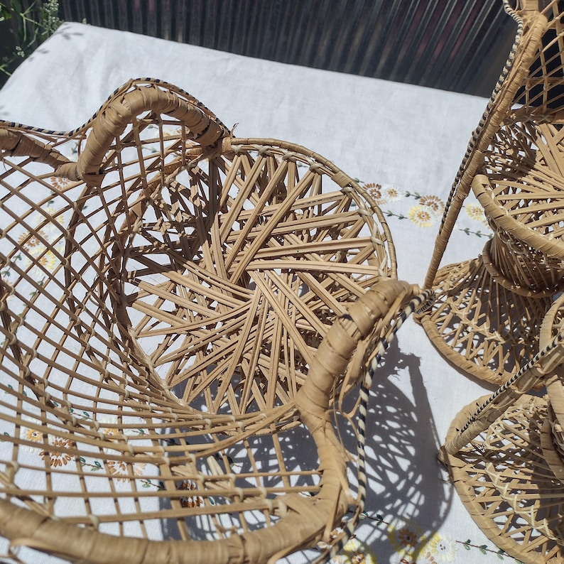 Vintage Wicker Peacock Fan Back Chairs 14 3/4 and 16 1/4 Doll Furniture Plant Stands