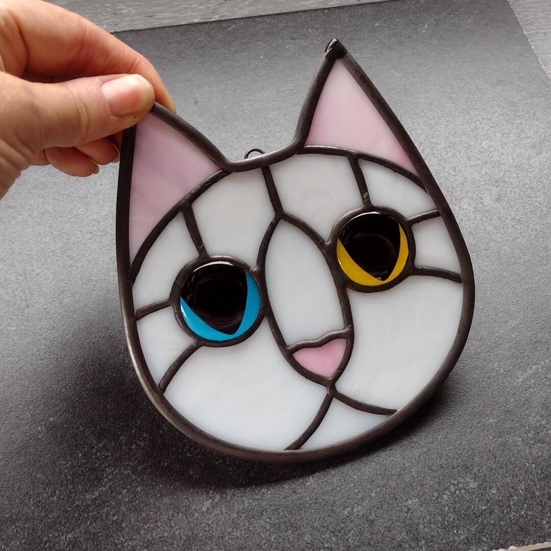 Stained Glass Cat Face White With Blue and Yellow Eyes Suncatcher - Etsy