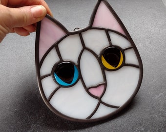 Stained Glass Cat Face White with blue and yellow Eyes Suncatcher