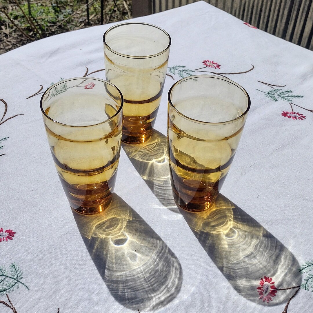 Vintage Libby Golden Amber Ripple Glass 16 Ounce Tumblers Set of Three ...