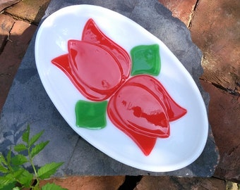 Oval Red Tulip Decorative Shallow Textured Fused Glass Dish