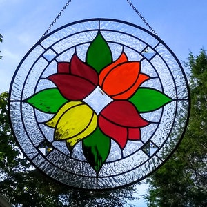 Round Stained Glass Red Orange Yellow Tulips Beveled Suncatcher Panel image 1