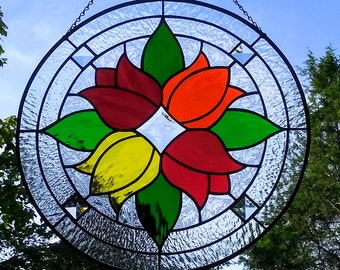 Round Stained Glass Red Orange Yellow Tulips Beveled Suncatcher Panel