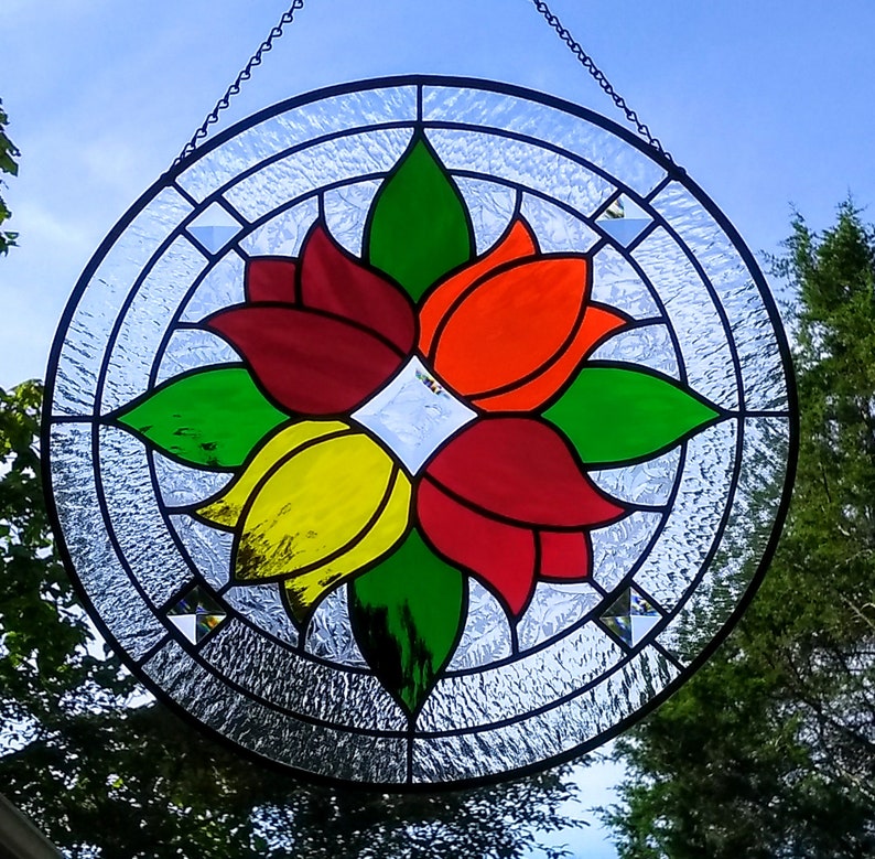 Round Stained Glass Red Orange Yellow Tulips Beveled Suncatcher Panel image 1