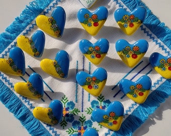 Blue and Yellow Medium sized fused glass Hearts for Ukraine with multiple flowers and leaves wearable art brooch pin