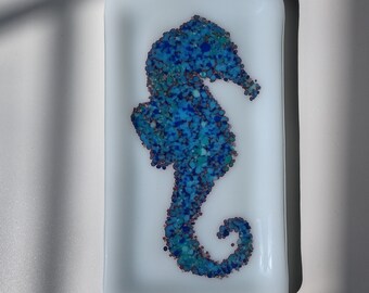 Small rectangular abstract seahorse fused glass tray trinket dish aqua turquoise and white